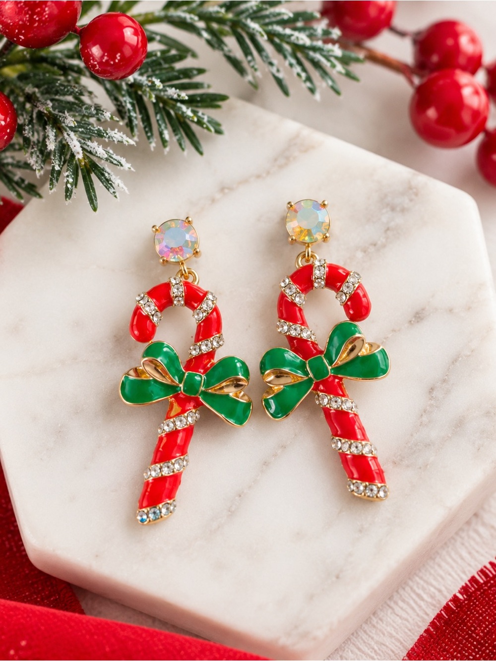 Candy Cane Dangle Earrings with Green Bows